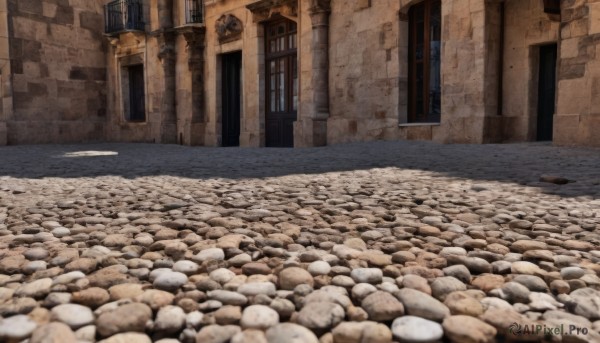 outdoors,day,no humans,window,shadow,building,scenery,door,road,house,street,blurry,snow,rock,wall,pavement,stone floor,stone wall