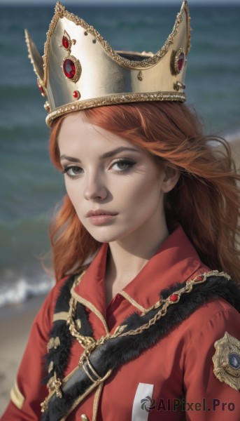 1girl,solo,long hair,looking at viewer,brown hair,hat,brown eyes,jewelry,closed mouth,jacket,upper body,outdoors,day,orange hair,blurry,lips,grey eyes,blurry background,ocean,beach,crown,gem,red shirt,red jacket,freckles,realistic,nose,red hair,uniform,fur trim