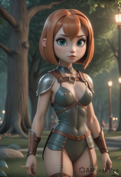 1girl,solo,breasts,looking at viewer,short hair,bangs,blue eyes,brown hair,thighhighs,cleavage,medium breasts,green eyes,standing,cowboy shot,small breasts,outdoors,choker,belt,artist name,armor,blurry,aqua eyes,leotard,tree,lips,fingernails,covered navel,depth of field,blurry background,garter straps,bob cut,grass,shoulder armor,nature,forest,freckles,pauldrons,arms at sides,vambraces,brown thighhighs,blush