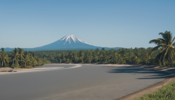 outdoors,sky,day,tree,blue sky,no humans,shadow,beach,grass,nature,scenery,motor vehicle,forest,mountain,sand,palm tree,road,landscape,mountainous horizon,signature,water,ocean,bush,shore,hill,mount fuji