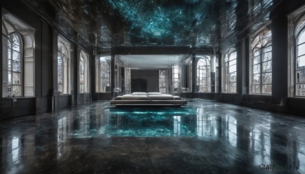 sky,indoors,water,tree,no humans,window,night,star (sky),night sky,scenery,starry sky,reflection,stairs,architecture,pillar,church,arch,reflective floor,reflective water,bed,chair,table,wooden floor