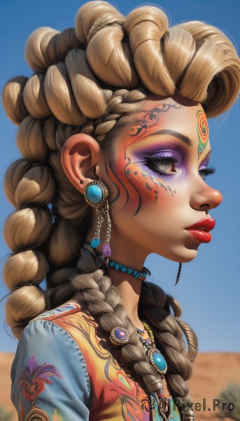 1girl,solo,long hair,brown hair,shirt,hair ornament,jewelry,closed mouth,upper body,braid,multicolored hair,earrings,outdoors,sky,choker,day,artist name,signature,necklace,blurry,vest,twin braids,from side,blue sky,lips,grey eyes,eyelashes,tattoo,profile,makeup,depth of field,blurry background,facial mark,looking away,thick eyebrows,lipstick,gem,portrait,eyeshadow,freckles,nose,red lips,eyeliner,facepaint,looking afar,mascara,multiple braids,blonde hair,parted lips,dark skin,french braid,crown braid,blue choker