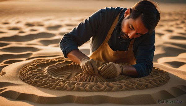 solo,short hair,shirt,black hair,gloves,1boy,closed eyes,upper body,male focus,outdoors,water,blurry,apron,black shirt,blurry background,facial hair,ocean,beach,looking down,blue shirt,beard,brown gloves,sleeves rolled up,sand,stubble,dirty,brown hair,long sleeves,closed mouth,collared shirt,muscular,scar,thick eyebrows,muscular male,mature male,realistic,mustache,arm hair,desert,fine art parody