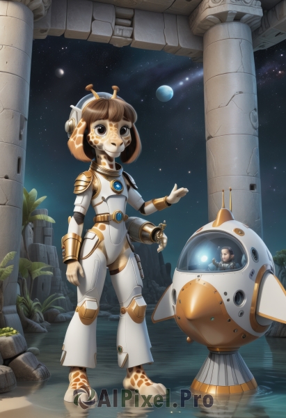 1girl,solo,short hair,brown hair,brown eyes,standing,full body,outdoors,sky,barefoot,water,armor,night,moon,helmet,plant,robot,star (sky),mecha,wading,starry sky,reflection,science fiction,android,joints,space,giant,ruins,giantess,planet,pillar,robot joints,alien,spacecraft,shooting star,spacesuit,space helmet,1boy,headgear,furry,furry female,dirty,astronaut