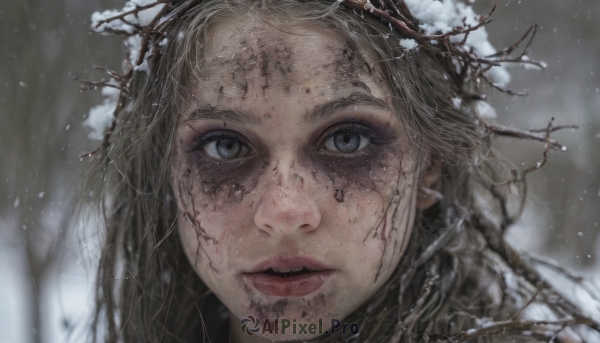 1girl,solo,long hair,looking at viewer,open mouth,blue eyes,brown hair,outdoors,parted lips,teeth,blurry,tree,lips,grey eyes,depth of field,blurry background,portrait,snow,close-up,freckles,snowing,realistic,winter,dirty,black hair,eyelashes,blood,messy hair,injury,blood on face,nose,branch,bare tree,dirty face