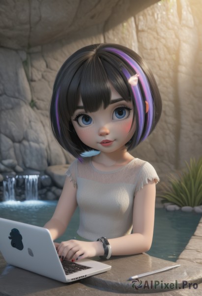 1girl,solo,breasts,looking at viewer,blush,short hair,bangs,blue eyes,shirt,black hair,hair ornament,jewelry,sitting,white shirt,upper body,purple hair,short sleeves,multicolored hair,small breasts,parted lips,hairclip,water,nail polish,bracelet,two-tone hair,lips,streaked hair,makeup,table,sunlight,bob cut,child,red nails,freckles,watch,red lips,female child,wristwatch,computer,laptop,waterfall,stylus,drawing tablet,artist name,fingernails,eyelashes,watermark,web address,nose,pencil,mascara