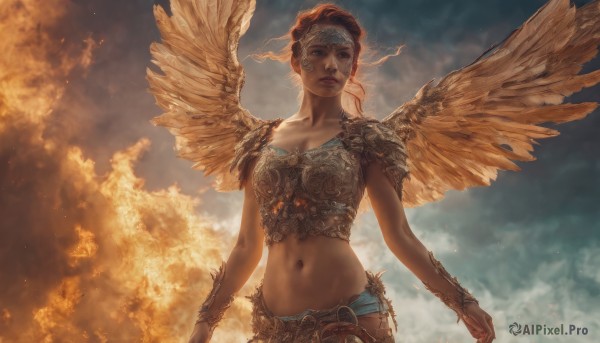 1girl,solo,breasts,looking at viewer,short hair,navel,brown eyes,medium breasts,red hair,cowboy shot,wings,sky,midriff,cloud,stomach,armor,lips,cloudy sky,shoulder armor,feathered wings,backlighting,pauldrons,breastplate,realistic,arms at sides,bracer,spread wings,yellow wings,brown hair,jewelry,collarbone,upper body,outdoors,parted lips,orange hair,bird,fire