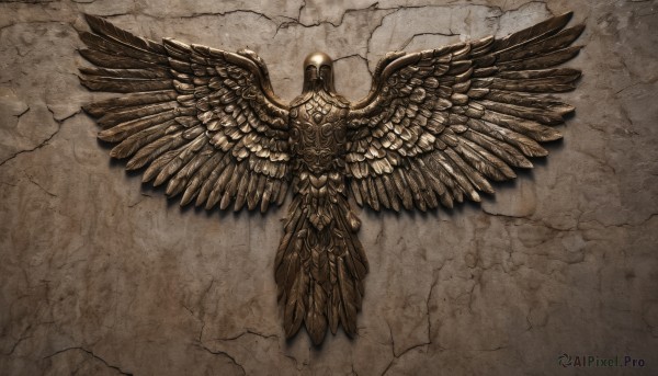 solo,full body,wings,armor,no humans,glowing,helmet,feathered wings,brown background,crack,multiple wings,brown theme,lying,on back,shadow,from above,feathers,1other,angel wings,helm,stone floor,brown wings