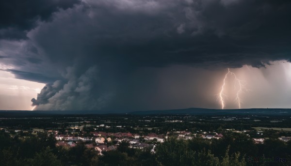 outdoors,sky,cloud,water,tree,no humans,night,ocean,sunlight,cloudy sky,building,nature,scenery,sunset,city,horizon,silhouette,cityscape,dark,landscape,city lights,grass,fantasy,electricity,river,lightning