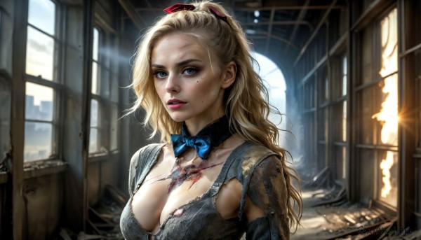 HQ,1girl,solo,long hair,breasts,looking at viewer,blue eyes,blonde hair,large breasts,bow,ribbon,cleavage,medium breasts,hair ribbon,upper body,ponytail,parted lips,indoors,bowtie,mole,lips,torn clothes,window,blood,makeup,detached collar,blue bow,sunlight,freckles,mole on breast,injury,realistic,blue bowtie,dirty,dirty face,signature,armor,scar,lipstick