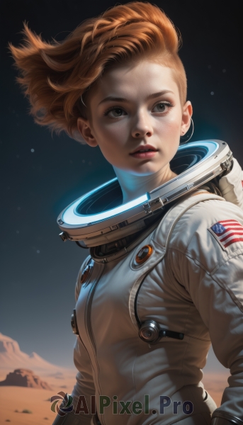 1girl,solo,breasts,looking at viewer,short hair,brown hair,brown eyes,upper body,parted lips,sky,teeth,signature,orange hair,lips,looking to the side,floating hair,wind,star (sky),starry sky,freckles,science fiction,realistic,nose,space,planet,american flag,spacesuit,space helmet,astronaut,outdoors,makeup,lipstick,looking afar,dirty,desert,american flag print