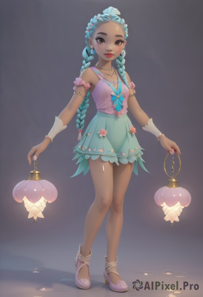 1girl,solo,long hair,breasts,looking at viewer,smile,skirt,shirt,hair ornament,bow,holding,bare shoulders,twintails,brown eyes,jewelry,very long hair,closed mouth,blue hair,standing,collarbone,full body,braid,flower,earrings,small breasts,shoes,sleeveless,shiny,artist name,hair flower,dark skin,miniskirt,grey background,necklace,nail polish,high heels,twin braids,bracelet,dark-skinned female,lips,fingernails,see-through,gradient,gradient background,sleeveless shirt,aqua hair,makeup,lipstick,green skirt,gem,forehead,pink nails,armlet,pink shirt,lantern,red lips,aqua skirt,holding lantern,blush,bangs,green hair,shorts,mole,shiny hair,blue skirt,shiny skin,wrist cuffs,blue bow,white footwear,pink footwear,shell necklace