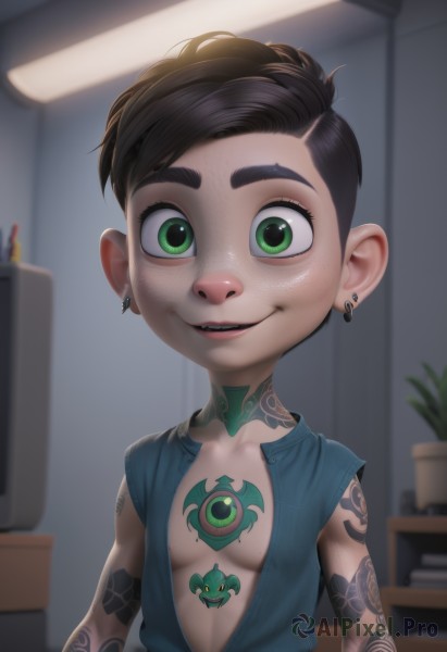 1girl,solo,breasts,looking at viewer,smile,short hair,brown hair,black hair,1boy,jewelry,green eyes,upper body,male focus,earrings,small breasts,parted lips,open clothes,teeth,sleeveless,indoors,blurry,lips,tattoo,blurry background,thick eyebrows,plant,child,freckles,nose,potted plant,arm tattoo,male child,full-body tattoo,open mouth,nipples,collarbone,artist name,mole,vest,no bra,piercing,very short hair,chest tattoo