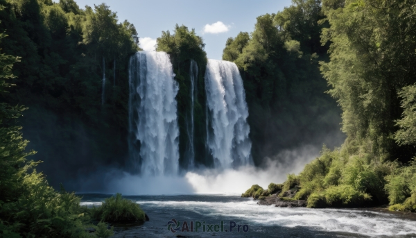 outdoors,sky,day,cloud,water,tree,blue sky,no humans,nature,scenery,forest,rock,mountain,river,waterfall,landscape,fog,grass,bush