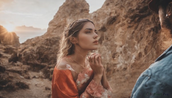 1girl,long hair,brown hair,black hair,hair ornament,long sleeves,1boy,dress,jewelry,upper body,flower,earrings,outdoors,sky,dark skin,necklace,nail polish,looking at another,lips,parody,own hands together,mountain,realistic,real life insert,hat,solo focus,sunlight,fine art parody