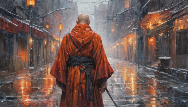 solo,long sleeves,1boy,holding,standing,weapon,male focus,outdoors,japanese clothes,sword,hood,wide sleeves,kimono,water,from behind,holding weapon,tree,sash,holding sword,katana,building,scenery,snow,reflection,rain,lantern,snowing,city,facing away,road,red kimono,bald,architecture,winter,east asian architecture,lamppost,bare tree,street,paper lantern,ambiguous gender,hakama,hakama skirt,lamp,power lines,alley