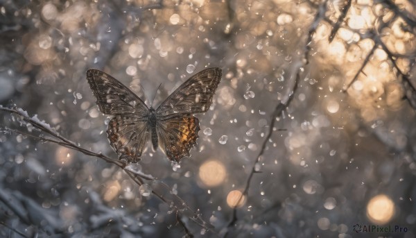 blurry, tree, no humans, depth of field, bug, plant, butterfly, scenery, bubble, water drop, branch, bokeh