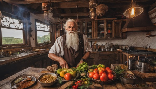 solo,looking at viewer,shirt,1boy,standing,white shirt,white hair,short sleeves,male focus,food,day,collared shirt,indoors,apron,vest,cup,window,fruit,facial hair,scar,table,sunlight,bottle,knife,steam,scenery,beard,plate,sleeves rolled up,drinking glass,bowl,watch,spoon,mustache,basket,wristwatch,lamp,old,old man,cooking,kitchen,tomato,vegetable,arm hair,counter,lettuce,cutting board,corn,onion,salad,upper body,book,scar on face,fish,realistic,fantasy,apple,mushroom,bread,grapes,jar,lemon,potato,wood,radish