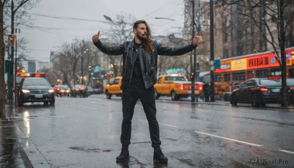 1girl,solo,long hair,looking at viewer,brown hair,shirt,long sleeves,1boy,standing,jacket,male focus,outdoors,shoes,pants,black footwear,blurry,open jacket,tree,black jacket,black shirt,black pants,outstretched arms,ground vehicle,building,motor vehicle,reflection,rain,realistic,car,road,leather,street,leather jacket,photo background,sports car,sky,facial hair,parody,denim,beard,jeans,animification,power lines,real life insert,denim jacket