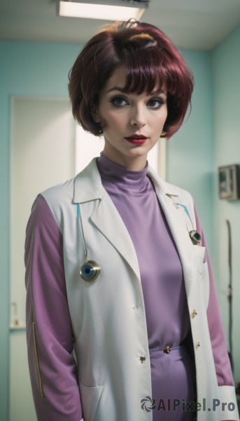 1girl,solo,looking at viewer,smile,short hair,bangs,skirt,brown hair,shirt,long sleeves,brown eyes,jewelry,closed mouth,standing,upper body,earrings,open clothes,indoors,blurry,vest,sweater,lips,coat,makeup,blurry background,turtleneck,lipstick,purple dress,purple skirt,turtleneck sweater,realistic,nose,labcoat,purple shirt,white coat,red lips,stethoscope,purple sweater,doctor,black eyes