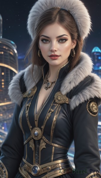 1girl,solo,long hair,breasts,looking at viewer,brown hair,hair ornament,long sleeves,hat,dress,cleavage,brown eyes,jewelry,medium breasts,upper body,earrings,outdoors,parted lips,sky,belt,signature,necklace,blurry,lips,coat,fur trim,eyelashes,makeup,night,blurry background,lipstick,star (sky),night sky,fur collar,gold trim,hoop earrings,realistic,nose,red lips,jacket,starry sky,city