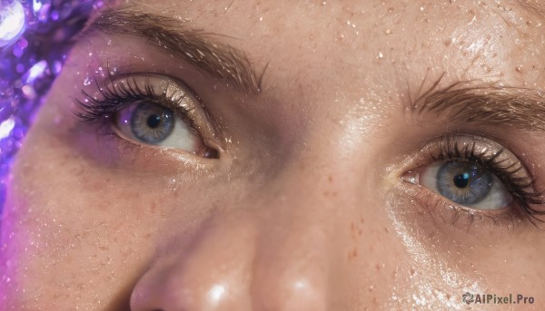 1girl,solo,looking at viewer,blue eyes,shiny,lips,eyelashes,light particles,close-up,freckles,reflection,realistic,eye focus,shiny skin