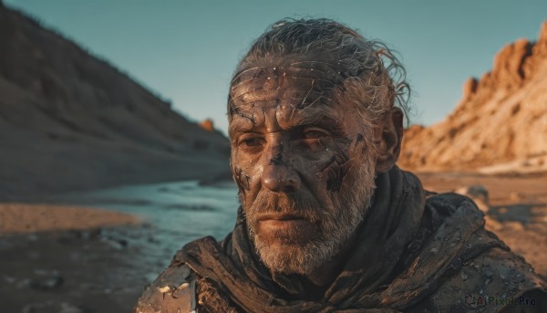 solo,short hair,black hair,1boy,closed mouth,upper body,male focus,outdoors,sky,day,dark skin,armor,blurry,black eyes,blurry background,facial hair,scar,beach,portrait,beard,realistic,sand,desert,brown hair,closed eyes,water,scarf,blue sky,ocean