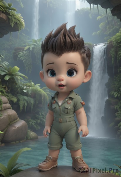 solo,looking at viewer,open mouth,blue eyes,brown hair,shirt,1boy,standing,full body,short sleeves,male focus,boots,outdoors,parted lips,shoes,shorts,teeth,day,belt,artist name,water,uniform,tree,military,military uniform,leaf,brown footwear,plant,spiked hair,child,nature,forest,pocket,rock,green shirt,breast pocket,male child,green shorts,waterfall,cliff,moss,short hair