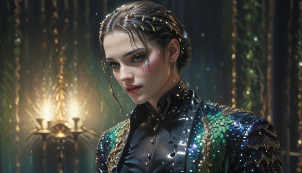 The beauty of a female set in a enchanting fiery dynamic scene