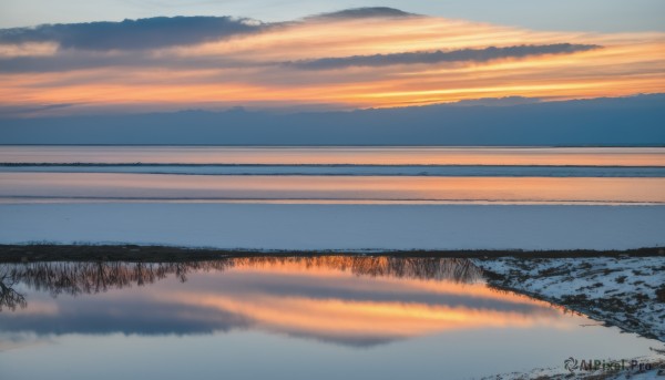 outdoors,sky,cloud,water,tree,blue sky,no humans,cloudy sky,nature,scenery,forest,reflection,sunset,mountain,horizon,river,evening,landscape,mountainous horizon,lake,gradient sky,orange sky,reflective water,day,grass,snow