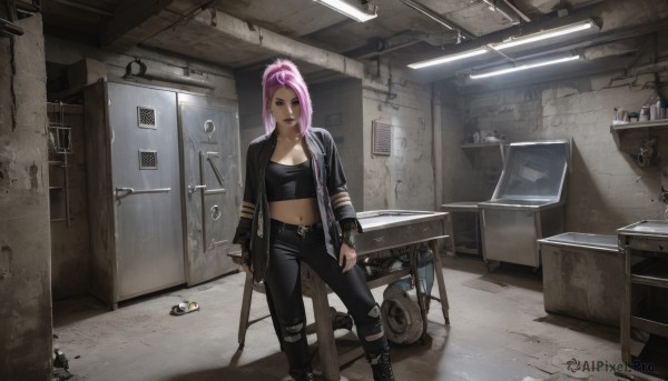 1girl,solo,long hair,breasts,looking at viewer,shirt,gloves,long sleeves,navel,holding,cleavage,brown eyes,jewelry,medium breasts,closed mouth,standing,collarbone,jacket,ponytail,weapon,pink hair,earrings,boots,open clothes,midriff,belt,pants,indoors,fingerless gloves,black footwear,open jacket,lips,black jacket,crop top,torn clothes,black shirt,makeup,black pants,piercing,lipstick,ground vehicle,cross-laced footwear,door,leather,navel piercing,torn pants,leather jacket,industrial pipe,torn jeans,leather pants,bangs,multicolored hair,alternate costume,holding weapon,coat,feet out of frame,chain,chair,table,bottle,box,cigarette,mirror,realistic,red lips,broken,cabinet