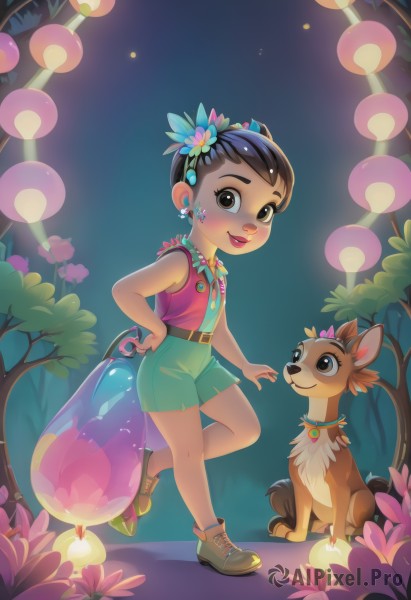 1girl,solo,looking at viewer,smile,short hair,open mouth,brown hair,black hair,hair ornament,brown eyes,jewelry,standing,flower,earrings,outdoors,shoes,shorts,sleeveless,belt,hair flower,dark skin,necklace,vest,tree,hand on hip,night,animal,sneakers,child,nature,forest,dog,mushroom,green shorts,shirt,full body,artist name,looking at another,lips,short shorts,sleeveless shirt,standing on one leg,blue flower,pink shirt,stud earrings,deer