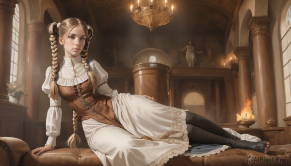 1girl,solo,long hair,breasts,looking at viewer,blonde hair,brown hair,long sleeves,dress,brown eyes,jewelry,medium breasts,sitting,very long hair,full body,braid,flower,pantyhose,lying,parted lips,barefoot,puffy sleeves,indoors,white dress,twin braids,feet,lips,grey eyes,black pantyhose,window,toes,arm support,on side,plant,juliet sleeves,couch,corset,anklet,potted plant,candle,toeless legwear,reclining,pillar,vase,statue,church,candlestand,nail polish,no shoes,fire,lace trim,lace,puffy long sleeves,hair rings,toenails,toenail polish,leggings,hand on own thigh,fireplace