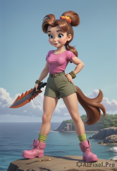 1girl,solo,long hair,breasts,looking at viewer,blush,smile,blue eyes,brown hair,shirt,hair ornament,holding,medium breasts,closed mouth,standing,tail,full body,ponytail,weapon,short sleeves,small breasts,boots,outdoors,sky,shoes,shorts,day,socks,belt,cloud,water,holding weapon,blue sky,lips,hand on hip,short shorts,makeup,ocean,scrunchie,thick eyebrows,knife,wristband,horse tail,freckles,contrapposto,pink shirt,rock,pink footwear,ankle boots,holding knife,dagger,green shorts,striped socks,pink socks,green socks,jewelry,collarbone,hair bun,bracelet,hair bobbles,sneakers,bandaid,hair scrunchie,bandaid on face,brown shorts,loose socks