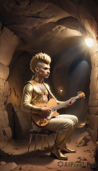 solo,short hair,blonde hair,1boy,jewelry,sitting,jacket,male focus,earrings,open clothes,shoes,pants,necklace,instrument,realistic,music,guitar,light,stool,playing instrument,full body,vest,tattoo,topless male,lamp,mohawk