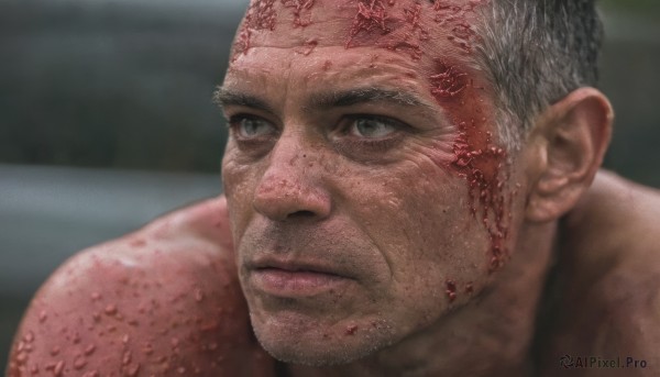 solo,short hair,1boy,closed mouth,grey hair,male focus,food,blurry,grey eyes,blood,blurry background,facial hair,scar,portrait,realistic,old,old man,meat,looking to the side,looking away,expressionless,close-up,freckles,veins,serious,blood on face,very short hair,manly