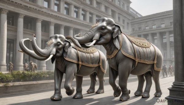 standing,outdoors,horns,day,no humans,shadow,animal,building,scenery,6+boys,fantasy,multiple others,horse,pillar,statue,arch,column,tongue,city,road,architecture,people,cow,elephant