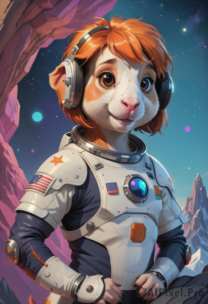 1girl,solo,looking at viewer,smile,short hair,animal ears,brown eyes,sitting,tail,upper body,outdoors,sky,star (symbol),orange hair,armor,lips,orange eyes,bodysuit,night,headphones,moon,star (sky),furry,starry sky,freckles,mountain,furry female,space,american flag,spacesuit,buck teeth,japanese flag,orange fur,1boy,male focus,genderswap,hands on hips,realistic,astronaut