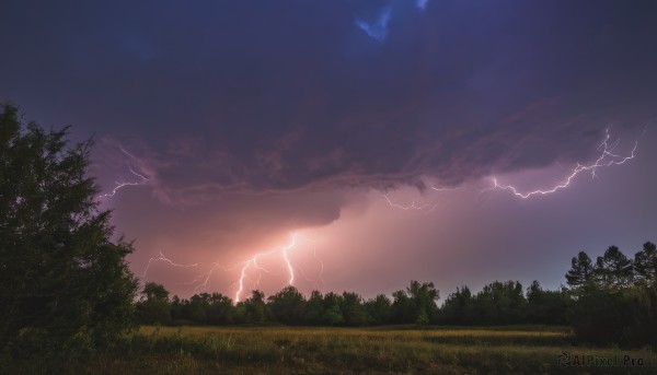 A lightning framed by the beauty of a calm sunset outdoors