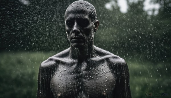 The wonder of a male in a bold rainy outdoors