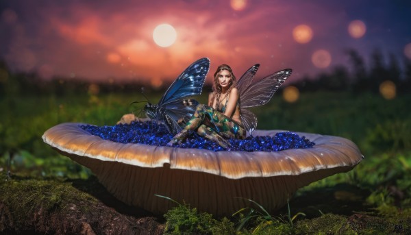 1girl,solo,long hair,looking at viewer,smile,brown hair,jewelry,sitting,flower,outdoors,wings,sky,necklace,blurry,tree,depth of field,blurry background,moon,grass,bug,monster girl,butterfly,nature,blue flower,sunset,minigirl,antennae,fairy,mushroom,butterfly wings,insect wings,scenery,red sky