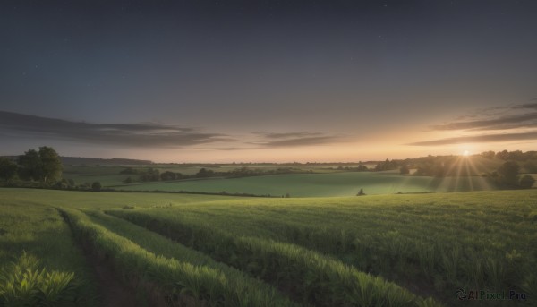 outdoors,sky,cloud,water,tree,no humans,night,grass,building,star (sky),nature,night sky,scenery,starry sky,sunset,mountain,sun,horizon,field,house,river,landscape,mountainous horizon,sunrise,hill,flower,ocean,sunlight