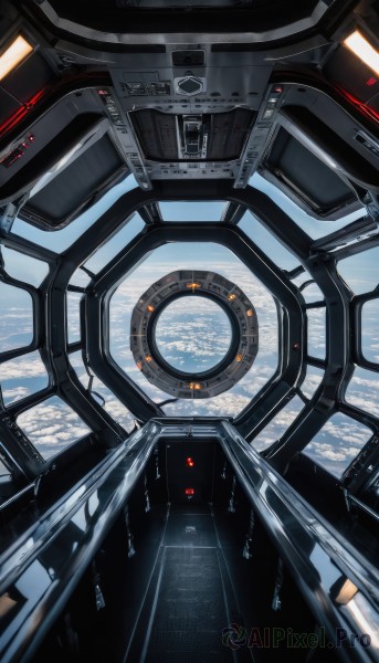 sky,cloud,signature,no humans,robot,scenery,reflection,science fiction,realistic,space,planet,spacecraft,cockpit,indoors,window,machinery,cable,earth (planet)