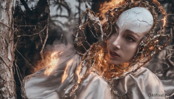 1girl,solo,upper body,parted lips,blurry,lips,grey eyes,blurry background,chain,fire,realistic,crack,burning,looking at viewer,short hair,orange hair,black eyes,tree,portrait,freckles,branch