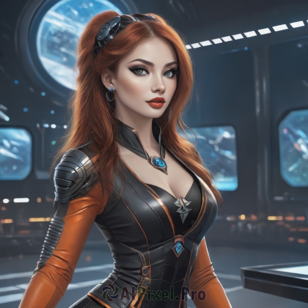 1girl,solo,long hair,breasts,looking at viewer,brown hair,cleavage,brown eyes,jewelry,medium breasts,upper body,earrings,parted lips,necklace,orange hair,blurry,lips,bodysuit,makeup,lipstick,freckles,science fiction,goggles on head,realistic,red lips,red hair,artist name,window