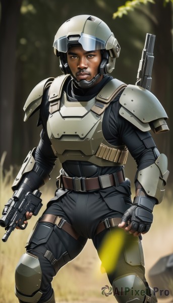 solo,looking at viewer,gloves,1boy,holding,brown eyes,weapon,male focus,belt,dark skin,fingerless gloves,holding weapon,armor,blurry,tree,gun,military,blurry background,facial hair,dark-skinned male,helmet,shoulder armor,holding gun,nature,rifle,forest,science fiction,realistic,assault rifle,knee pads,1girl,brown hair,standing,goggles,trigger discipline,shoulder pads,submachine gun,elbow pads,power armor,body armor