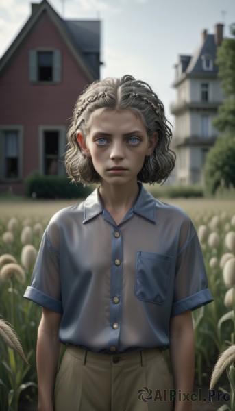 1girl,solo,looking at viewer,short hair,blue eyes,blonde hair,brown hair,shirt,standing,flower,short sleeves,cowboy shot,outdoors,parted lips,sky,day,collared shirt,pants,medium hair,blurry,lips,see-through,buttons,blurry background,blue shirt,building,messy hair,freckles,curly hair,pocket,realistic,arms at sides,shirt tucked in,breast pocket,brown pants,house,jewelry,closed mouth,grey hair,earrings,artist name,flat chest,window,expressionless,grass,plant,child,backlighting,garden