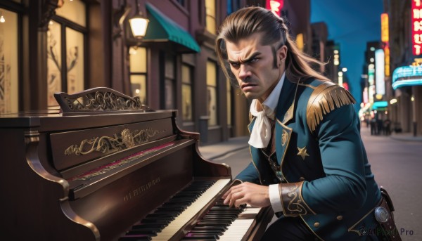 solo,long hair,looking at viewer,brown hair,shirt,black hair,long sleeves,1boy,brown eyes,jacket,white shirt,male focus,outdoors,pants,artist name,blurry,vest,ascot,night,blurry background,facial hair,watermark,scar,eyepatch,formal,blue jacket,building,instrument,web address,beard,epaulettes,city,mustache,music,playing instrument,lamppost,piano,blue eyes,sitting,star (symbol),uniform,lips,parody,serious,realistic,grand piano