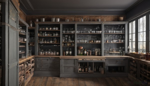 indoors,tree,cup,no humans,window,table,bottle,scenery,snow,alcohol,drinking glass,wooden floor,wine glass,stool,wine,shelf,wine bottle,jar,bar (place),counter,barrel,cabinet,whiskey,day,plant,box,bare tree