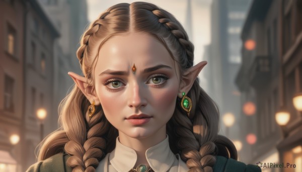 1girl,solo,long hair,looking at viewer,brown hair,jewelry,closed mouth,green eyes,white shirt,braid,earrings,outdoors,day,pointy ears,artist name,necklace,blurry,twin braids,lips,eyelashes,depth of field,blurry background,brooch,elf,building,gem,portrait,forehead,freckles,realistic,nose,green gemstone,blonde hair,shirt,thick eyebrows,backlighting